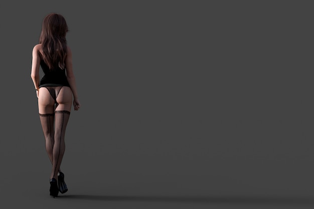 Modèle 3D sexy en lingerie et bas en dentelle noire. illustrateur 3D.