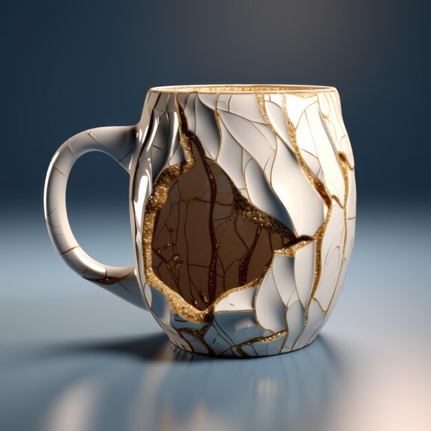 Modèle 3D d'une tasse de café brisée blanche et dorée