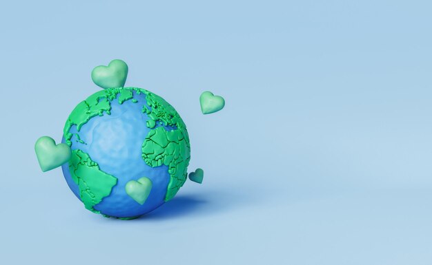 Modèle 3D de terre avec des coeurs verts