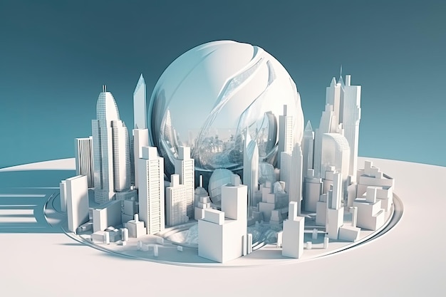 Modèle 3D d'une ville avec des immeubles de grande hauteur à l'architecture futuriste et une planète en une seule vue AI générative
