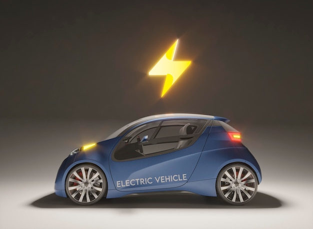 Photo modèle 3d de voiture électrique avec symbole de batterie chargée