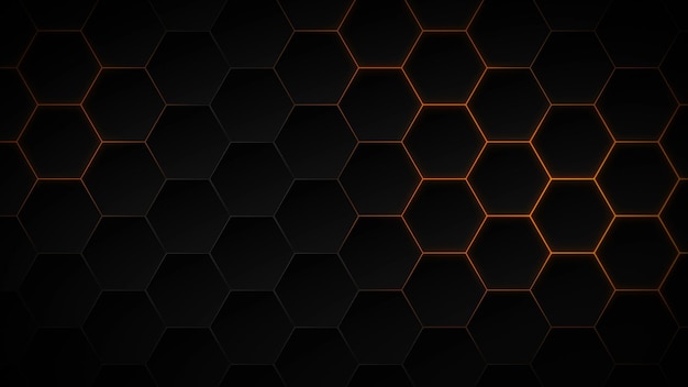Modèle abstrait hexagone sombre sur fond néon orange style technologique concept futuriste en nid d'abeille