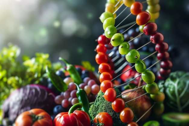 Photo modèle d'adn fabriqué à partir de fruits, de légumes, de fruits sans graines et d'autres aliments naturels
