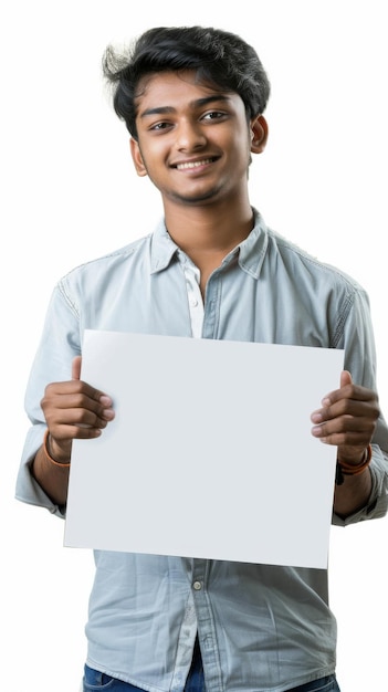 Un modèle adolescent indien souriant tenant un tableau blanc blanc