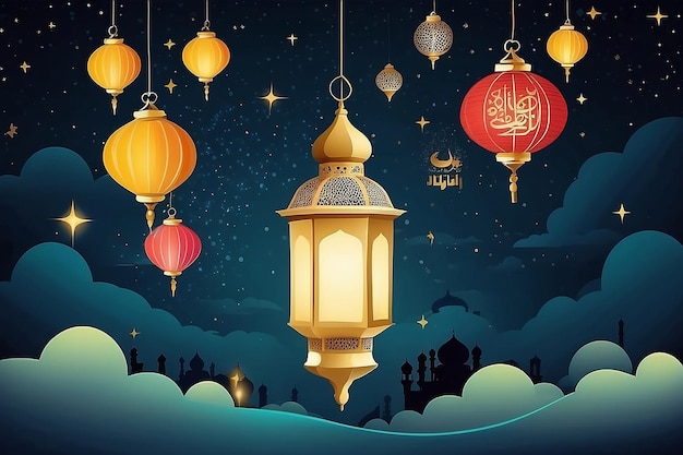 Modèle d'affiche de l'Aïd al-Fitr avec un fond de lanterne la nuit