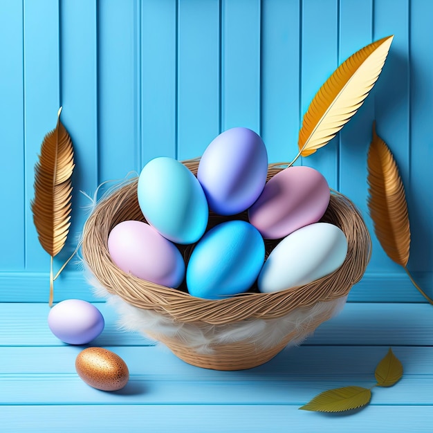 modèle d'affiche et de bannière de Pâques œufs de Pâque plumes dans un nid sur un fond en bois bleu gris