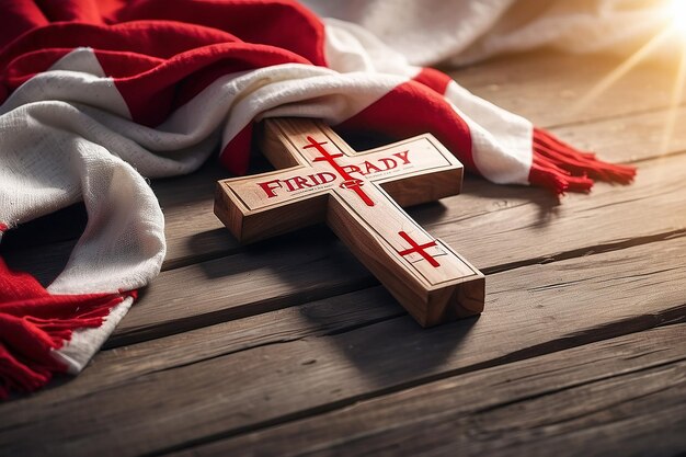 modèle d'affiche du bon vendredi avec une croix en bois avec un châle rouge éclairé par le soleil flou