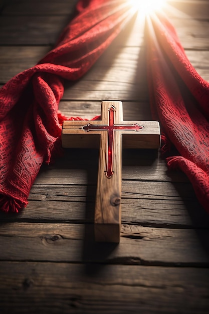 modèle d'affiche du bon vendredi avec une croix en bois avec un châle rouge éclairé par le soleil flou