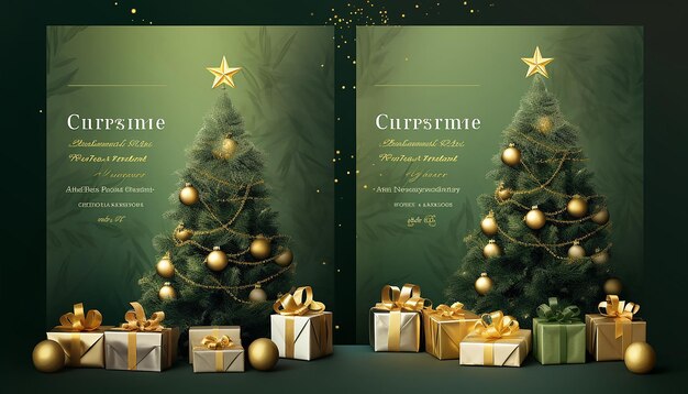 Photo modèle d'affiche d'événement de noël avec un arbre de noël et des cadeaux