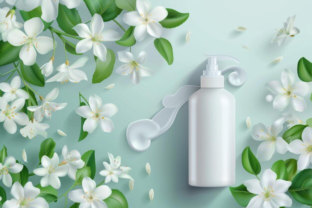 Modèle d'affiche moderne blanche avec des fleurs de jasmin qui tombent Cosmétiques pour le soin de la peau Lotion pour le corps ou gel de lavage dans une bouteille blanche avec pompe Modèle de bannière promotionnelle