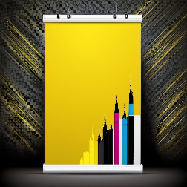 Modèle d'affiche publicitaire jaune avec schéma de couleurs CMYK et éléments de conception audacieux