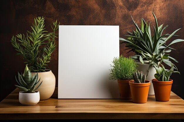 avec un modèle d'affiche sur une table en bois avec des plantes vertes