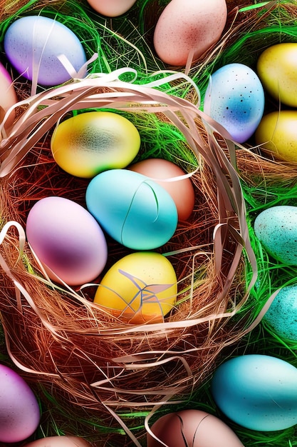 Modèle d'affiche verticale de Pâques festive avec modèle de site Web d'oeufs colorés colorés Oeufs de Pâques de vacances de printemps dans un panier Ensemble d'oeufs de Pâques Joyeuses Pâques