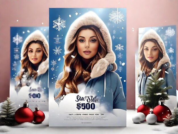 Modèle d'affiche verticale PSD gratuit pour les soldes d'hiver avec femme et flocons de neige