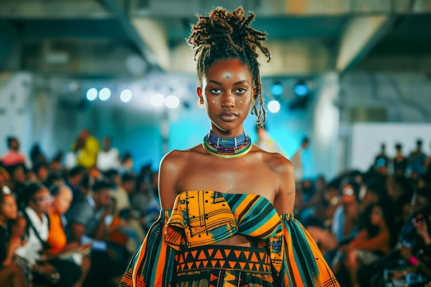 Modèle africaine en tenue traditionnelle lors d'un défilé de mode avec le public en arrière-plan