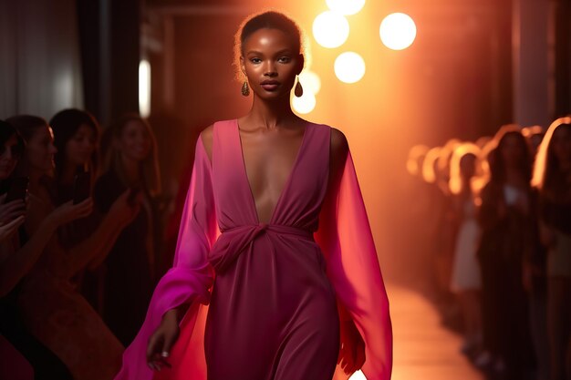 Modèle afro-américain marche sur le podium en robe de couleur magenta dans le défilé de mode générative ai