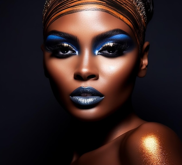 Modèle afro Visage dans l'art du maquillage complet Mode de maquillage à la mode visage attrayant chaud peau foncée