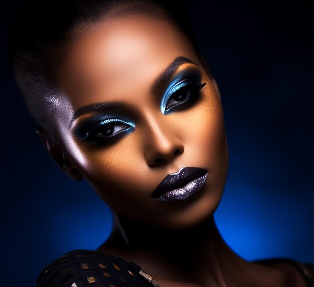 Modèle afro Visage dans l'art du maquillage complet Mode de maquillage à la mode visage attrayant chaud peau foncée