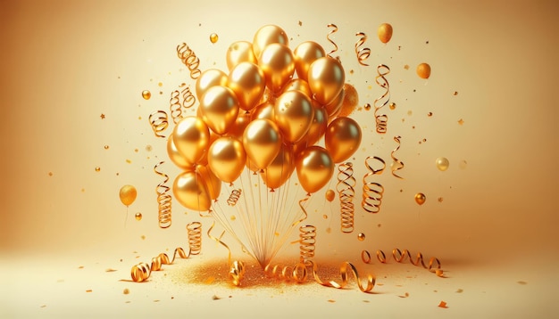 Modèle d'agence d'arrière-plan de vacances avec des ballons d'hélium en or, des rubans de serpent et des confettis sur une pâle simple