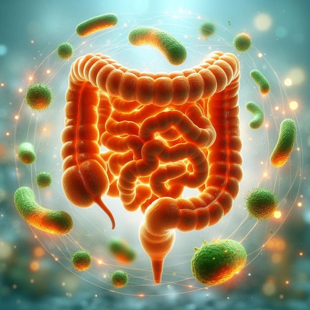 Photo modèle d'anatomie intestinale bactéries flottantes