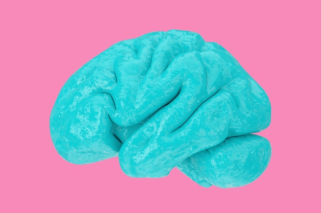 Modèle anatomique du cerveau bleu humain en style Duotone sur fond rose. Rendu 3D