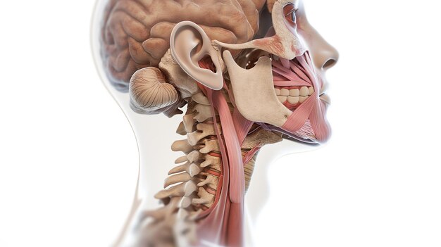 Modèle anatomique de la tête et du cou humains montrant les muscles, les os et les structures cérébrales