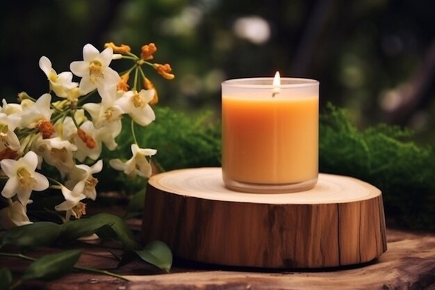 modèle d'annonce promotionnelle de bougie aromatique Modèle de bougies affichée sur un podium de souche d'arbre avec une frésie orange