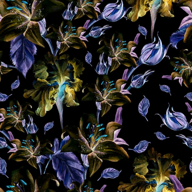 Modèle aquarelle avec des bourgeons et des pétales de roses iris fleurs
