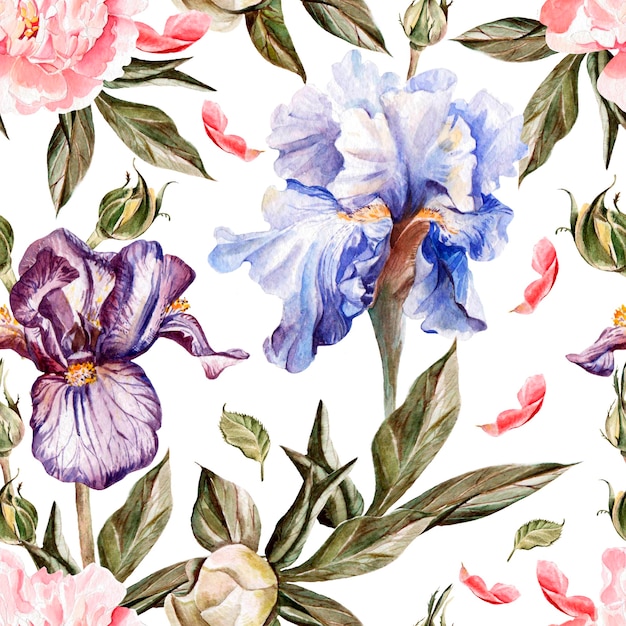 Modèle aquarelle avec fleurs iris, pivoines et roses, bourgeons et pétales. Illustration