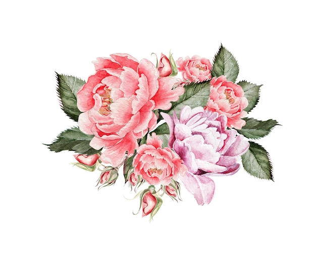 Modèle aquarelle avec fleurs roses, bourgeons, lavande et oiseau