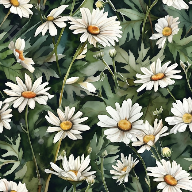 Modèle aquarelle transparente avec champ de fleurs de camomille Fond d'illustration floral AI généré
