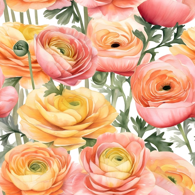 Modèle aquarelle transparente avec des fleurs de renoncule colorées Fond d'illustration floral AI généré