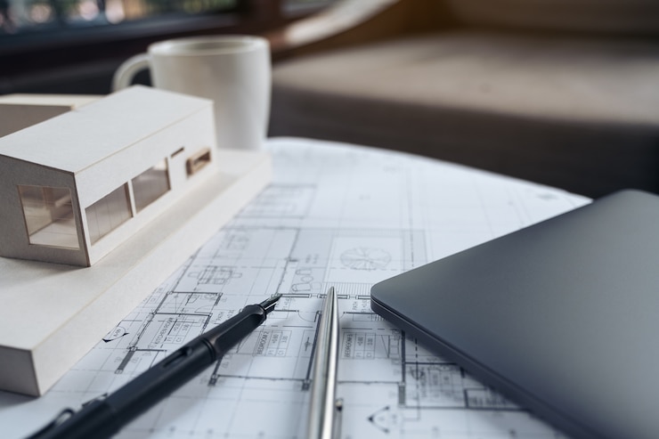 Photo un modèle architectural et un papier à dessin