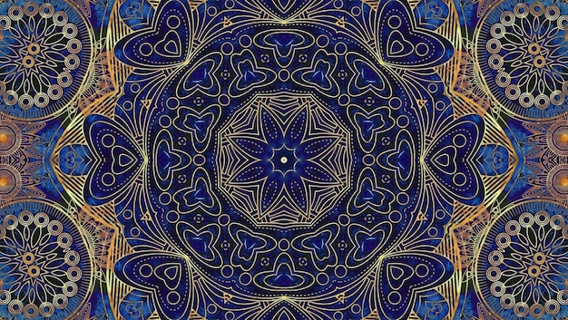 Modèle d'art de mandala texturé bleu doré pour élément de conception magique mystique de gloire