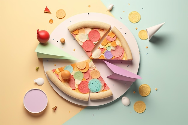 Modèle d'art papier pizza 3D avec des couleurs pastel