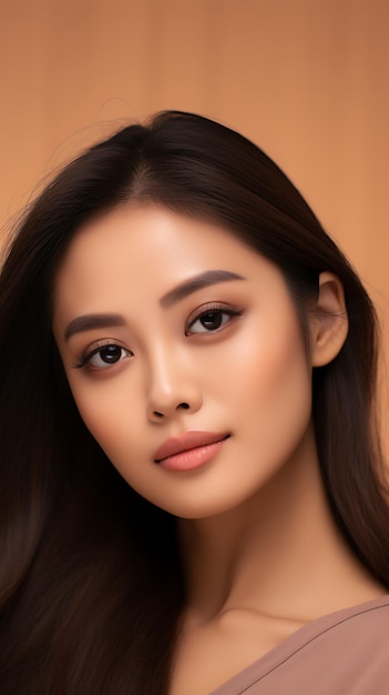 Un modèle asiatique thaïlandais avec un maquillage naturel sur un fond beige