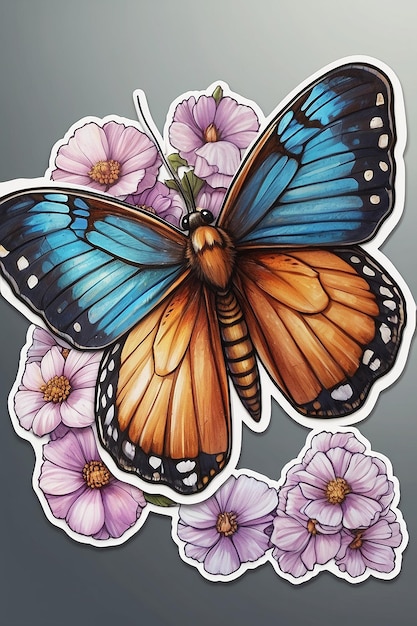 modèle d'autocollant avec personnage de dessin animé d'un papillon tenant une fleur isolée