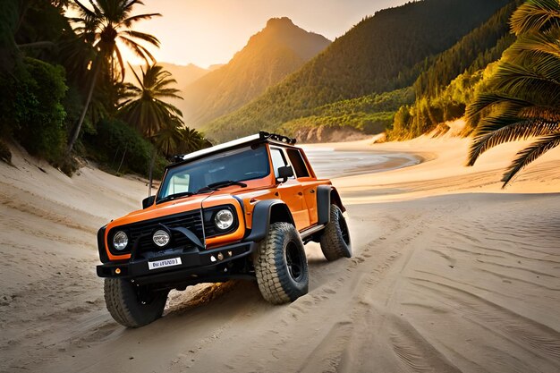 Un modèle d'automobile sur une dune de sable