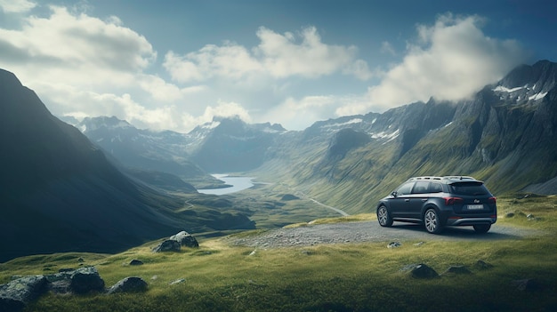 Photo modèle d'automobile sur une route de montagne avec des montagnes en arrière-plan