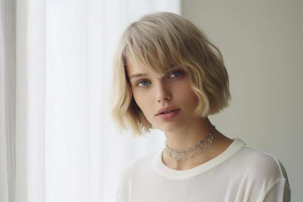 un modèle aux cheveux blonds et un collier