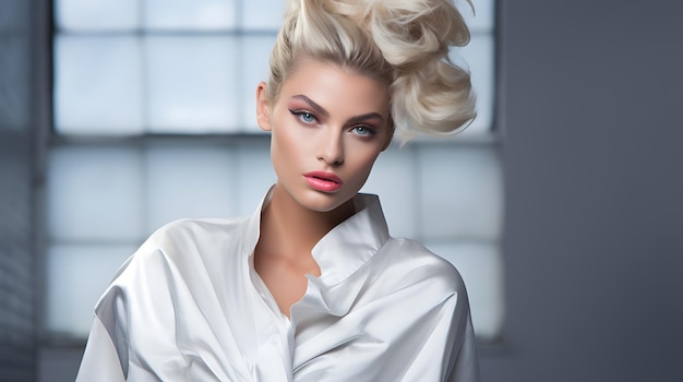 Un modèle aux cheveux blonds glaciaux dans un nœud haut de gamme incarnant la sophistication chic