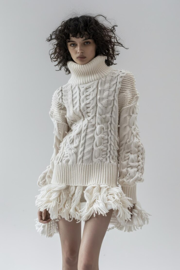 Modèle aux cheveux bouclés posant dans un pull blanc texturé