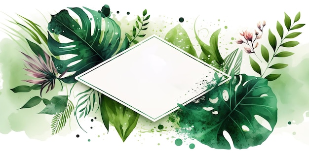 Modèle de bannière d'espace de copie de texte vide de cadre de feuille verte, bannière de peinture aquarelle naturelle verte