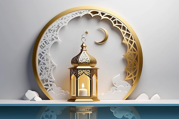 Modèle de bannière de fête islamique moderne en blanc 3D Composition d'une lanterne dorée et d'un décor de lune croissante suspendue au-dessus d'un étang d'eau en cercle