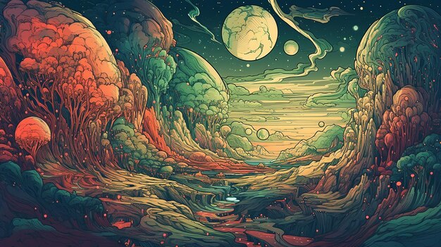 Modèle de bannière spatiale générative d'IA psychédélique dans le style d'art de ligne de manga d'anime Illustration horizontale du paysage futur avec des montagnes, des planètes, des arbres, de la lune, un concept d'évasion surréaliste