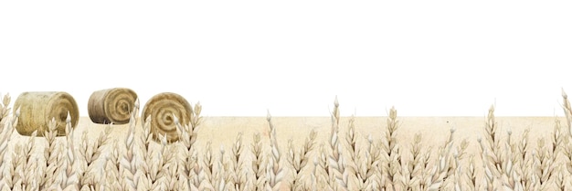 Modèle de bannière de voeux aquarelle Happy Shavuot avec espace de copie Champ de blé récolte de foin roulé