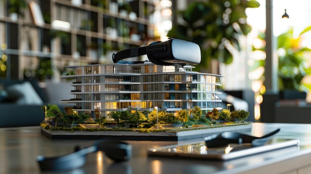 Photo un modèle de bâtiment de condo moderne en miniature sur un écran de tablette numérique avec des lunettes de réalité virtuelle