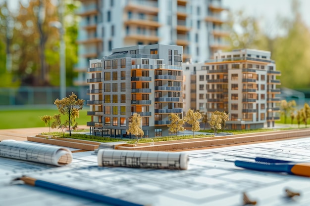 Un modèle d'un bâtiment est sur une table avec des plans et des crayons