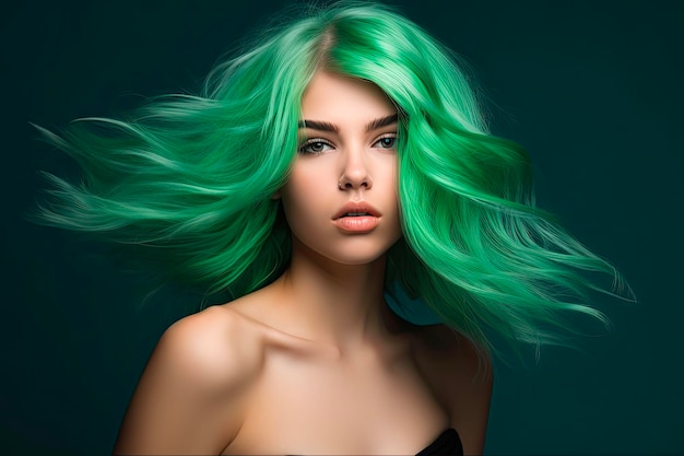 Modèle de beauté aux cheveux verts avec un maquillage parfait et des cheveux teints en bonne santé