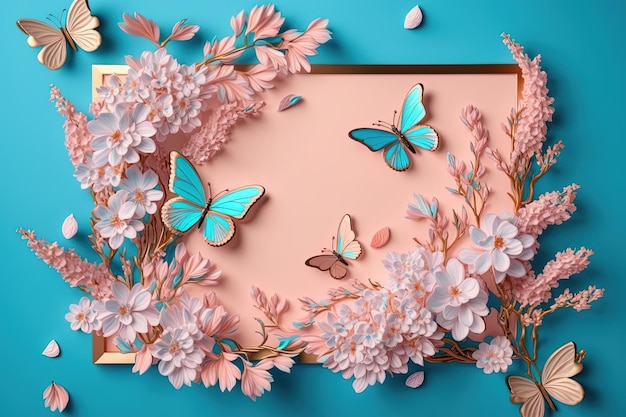 modèle blanc rose avec de belles fleurs d'amande et des papillons sur fond bleu IA générative